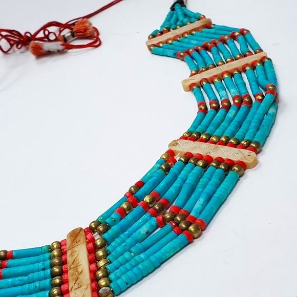 Tribal Blue Turquoise & Red Coral  Necklace Ethnic Bohemian Clay 8 Stran… - Picture 10 of 12